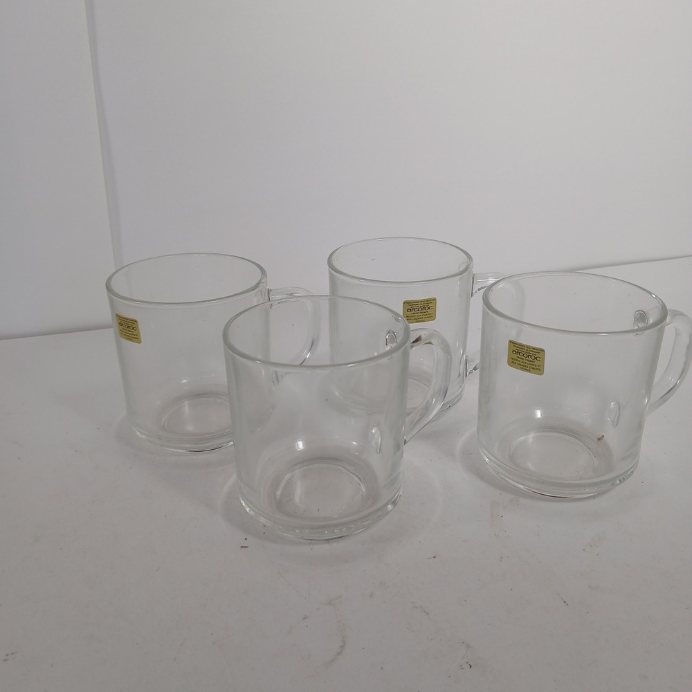 Set Of 4 Arcoroc France Clear Glass Coffee Mugs 8 oz Transparent Cups Vintage